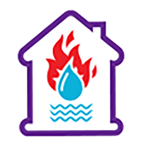 Purple house outline with red flames, blue water drop, and blue waves inside.