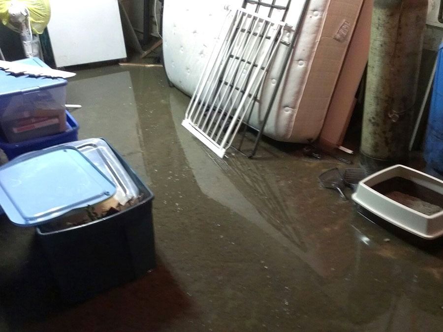 Flooded indoor storage area with standing water, stacked containers, and a metal rack leaning against the wall
