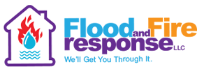 Flood and Fire Response LLC logo with a purple house, red flame, blue water, and tagline &ldquo;We&rsquo;ll Get You Through It.&rdquo;