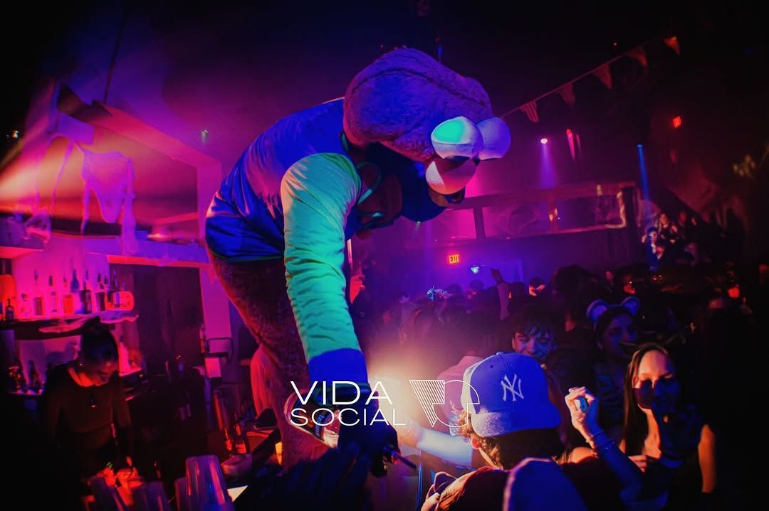 Blue-hooded performer crouches over cheering crowd under pink and purple stage lights