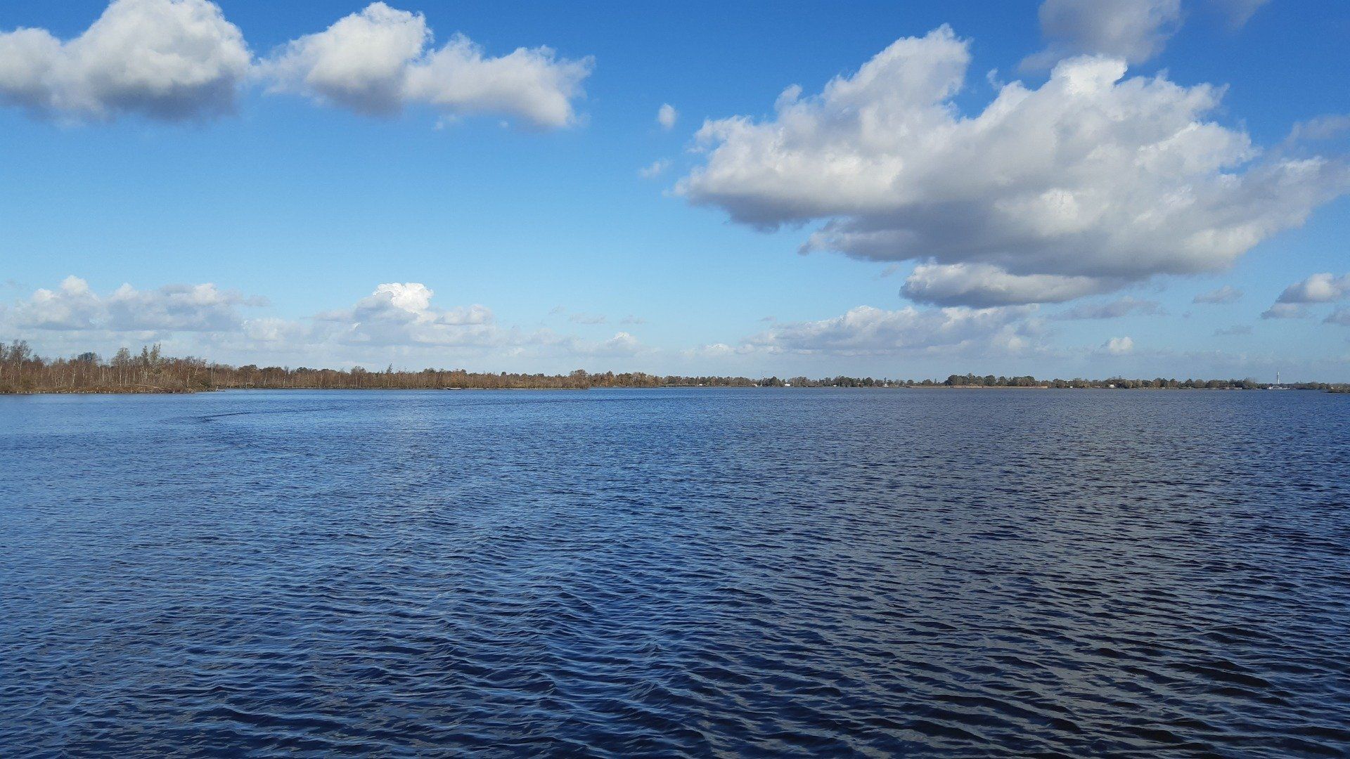 Blauw water onder een helderblauwe hemel met witte wolken. Bomen aan de verre horizon.