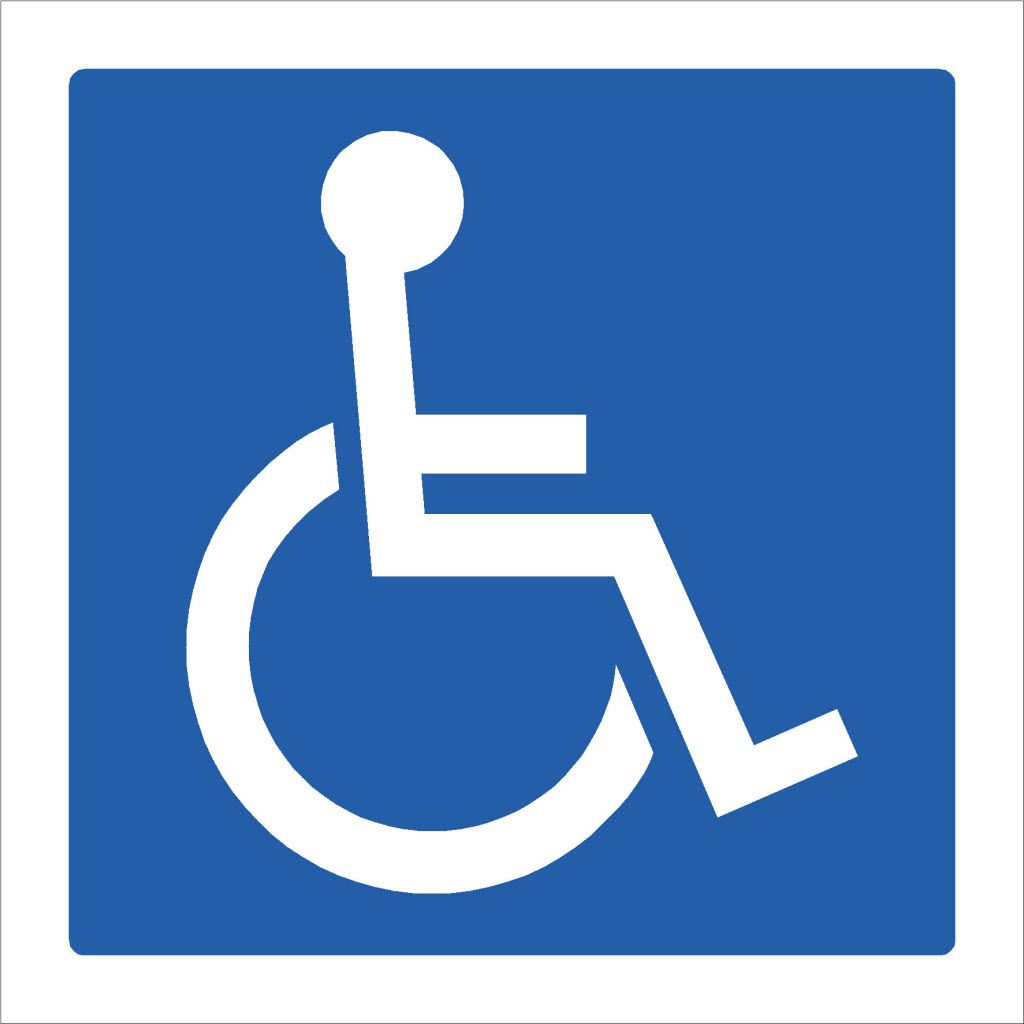Blauw vierkant met wit rolstoelsymbool, dat toegankelijkheid aangeeft.