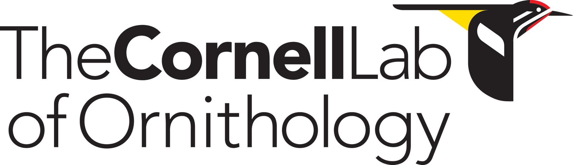 The Cornell Lab of Ornithology logo. Black text with a stylized bird icon, yellow and red accents.