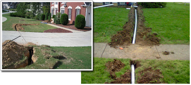 Sidewalk split and lifted by erosion near a suburban street and lawn