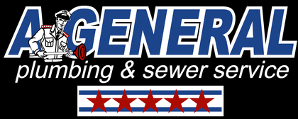 General Plumbing & Sewer Service logo with blue text and red stars on a black background