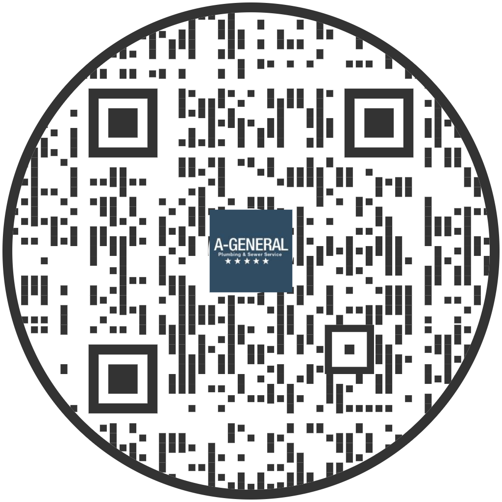 Circular black-and-white QR code with a small A-General logo in the center.
