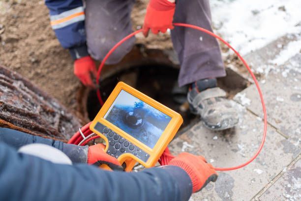 Workers using a handheld inspection device to examine a pipe or cable in a trench