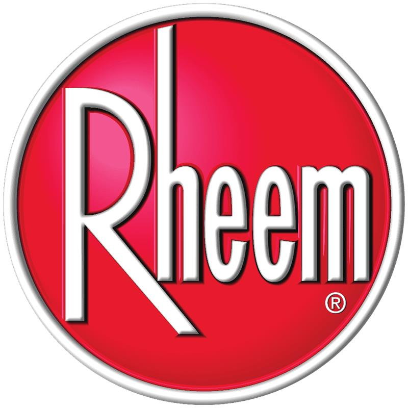 Rheem logo in white text on a red circular background