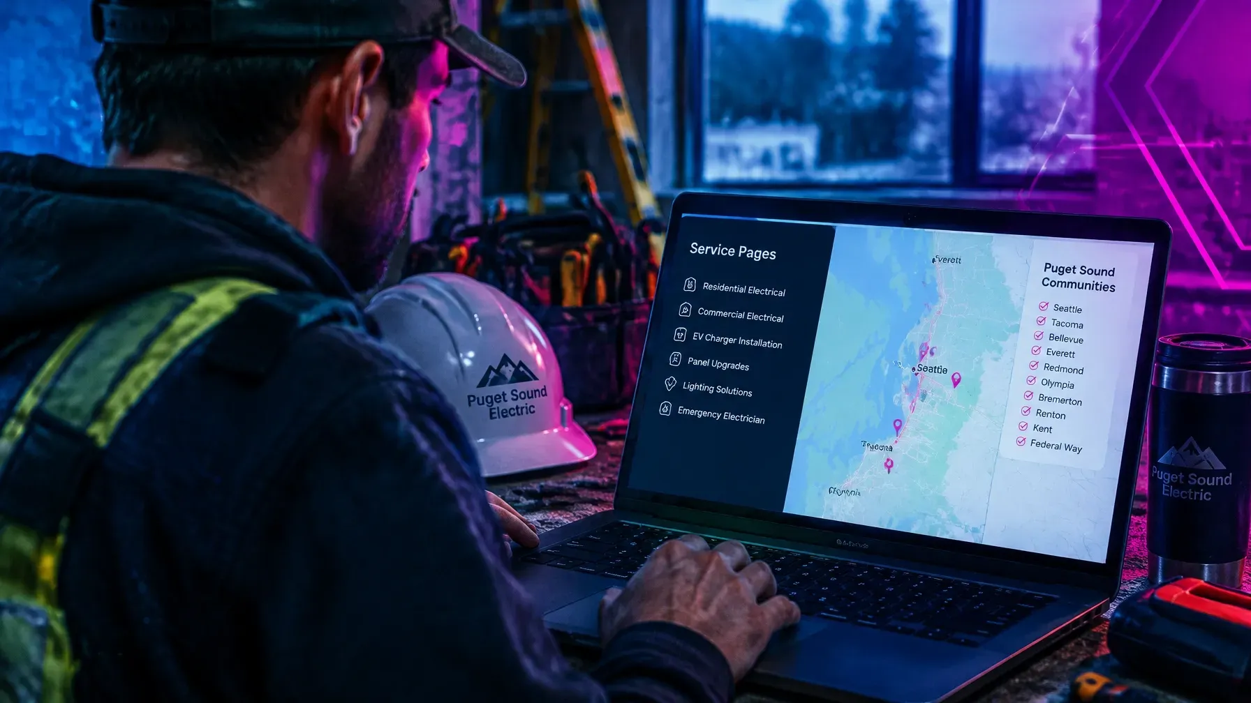 Electrician reviewing his service pages on a laptop next to a map of South Puget Sound communities