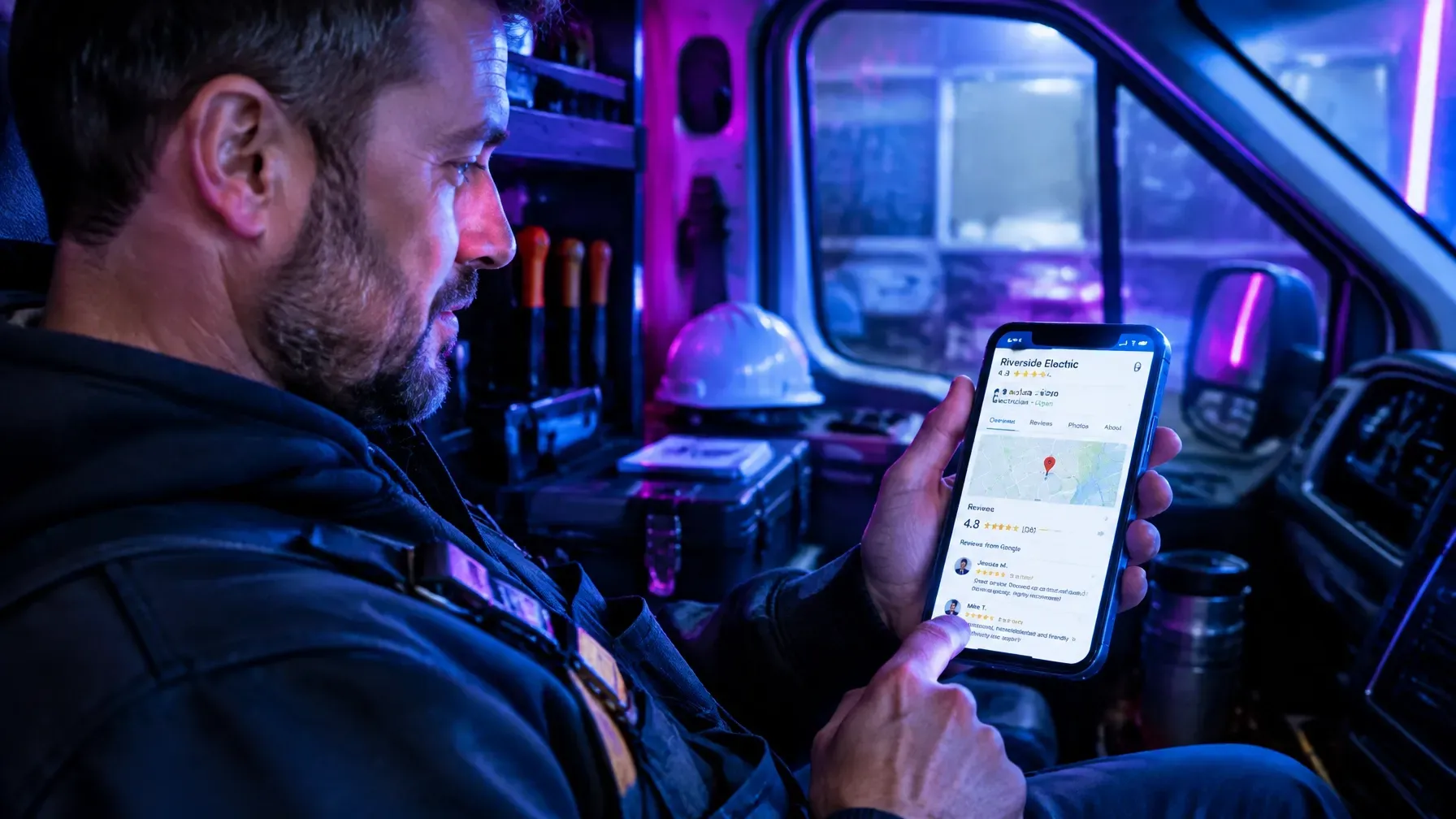 Electrical contractor in his work van reviewing his business profile with service details, map, and customer reviews on a smartphone