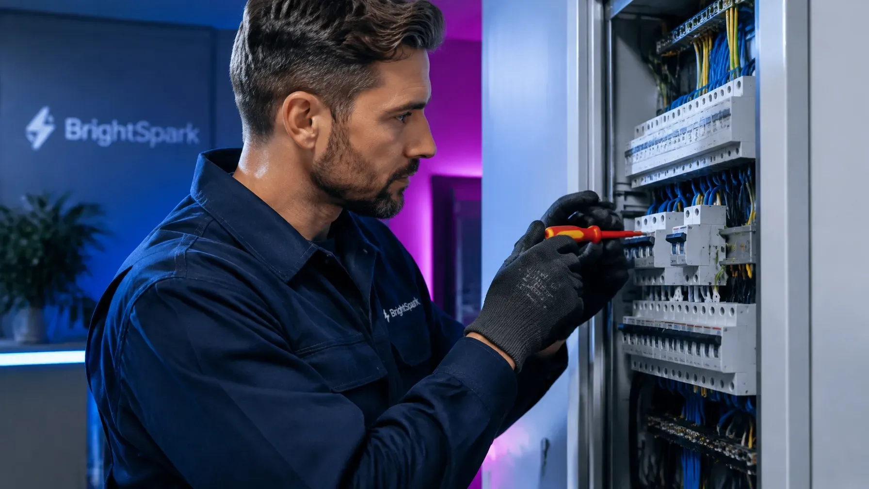 Electrician in navy work uniform testing wiring in an electrical panel, with blue and magenta accent