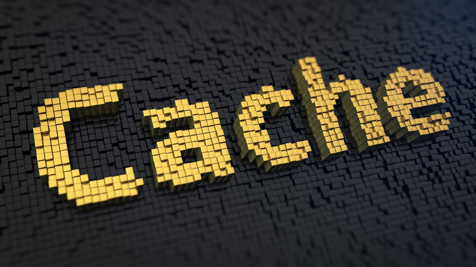 The word cache is written in gold blocks on a black background.