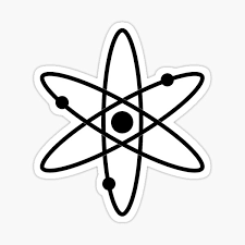 A black and white sticker of an atom on a white background.