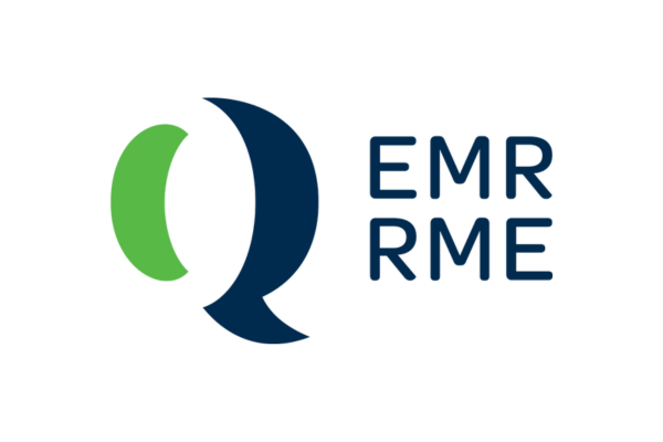 Logo con forma curva verde e blu navy; testo 