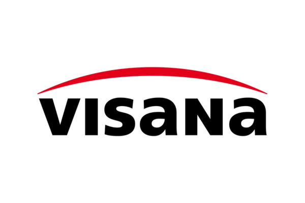 Logo Visana con testo nero sotto un arco rosso su sfondo bianco.