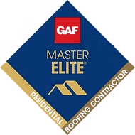 GAF Master Elite residential roofing contractor logo in blue, gold, and red diamond badge