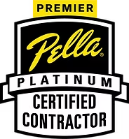 Premier Pella Platinum Certified Contractor badge in black, white, yellow, and gray
