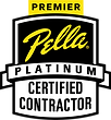 Pella Platinum Certified Contractor badge with black, gold, white, and silver text