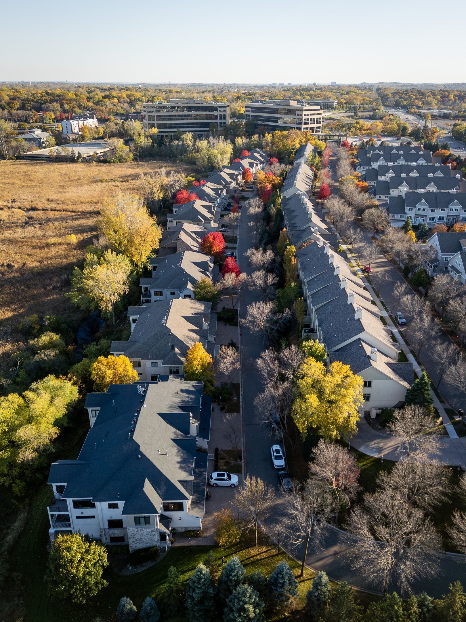 Aerial view of a suburban neighborhood with tree-lined streets and rows of houses in autumn.