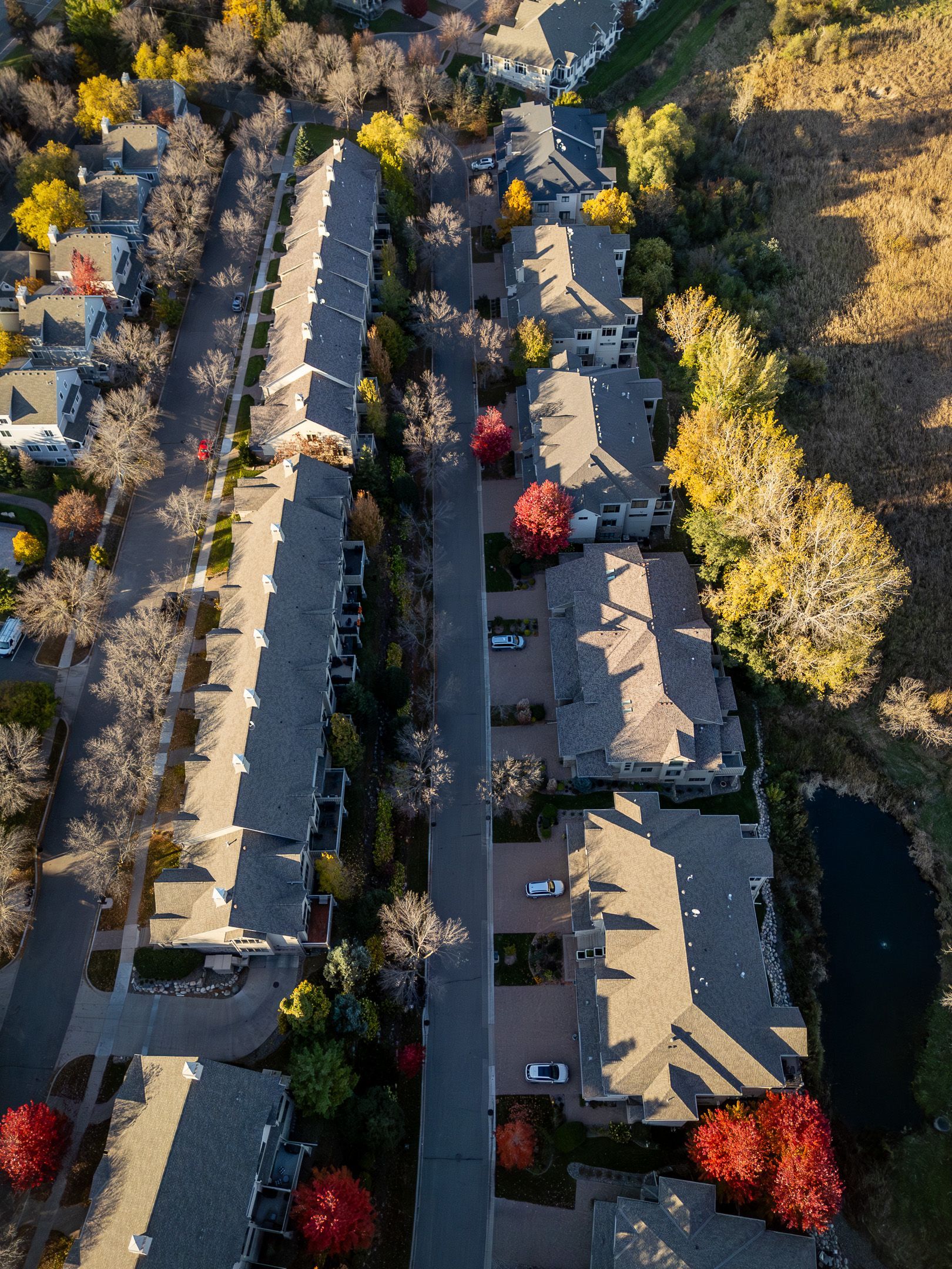 Aerial view of a residential complex with tree-lined streets, parked cars, and autumn-colored trees.