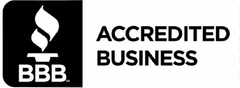 BBB Accredited Business logo with black icon panel and bold black text on white background