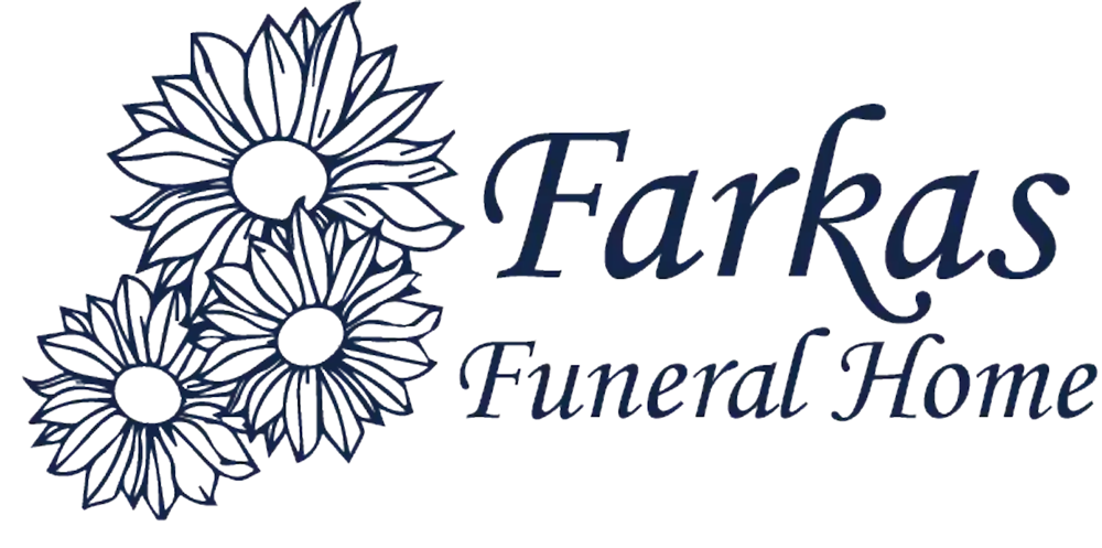 Farkas Funeral Home logo with white flowers and navy text