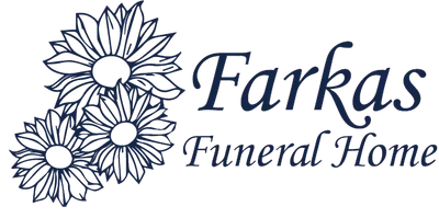 Farkas Funeral Home logo with white flowers and navy text