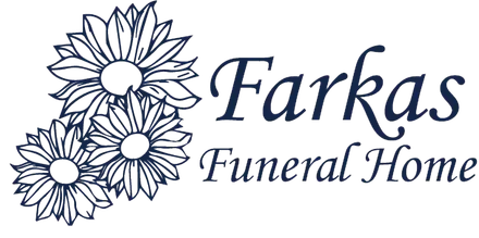 Farkas Funeral Home logo with white flowers and navy text
