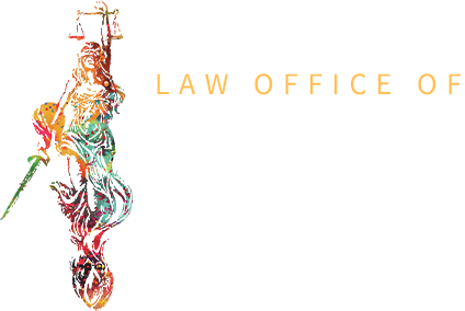 Colorful Lady Justice graphic with partial text “LAW OFFICE OF” on white background