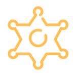 Orange outlined badge icon with a circular arrow in the center on a white background