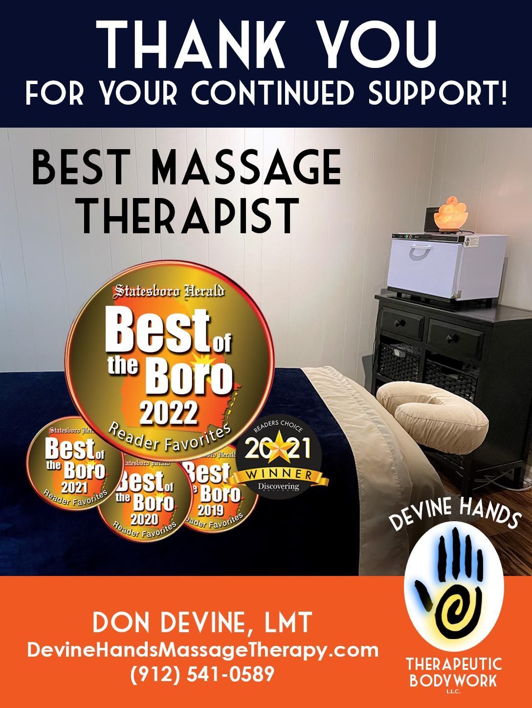 Thank you graphic for Divine Hands Massage Therapy, featuring Best Massage Therapist awards and orange logo.
