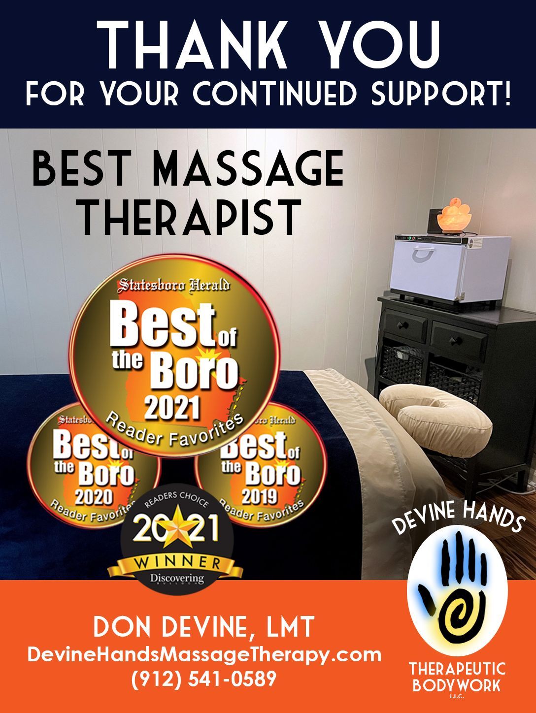 Promotional flyer thanking supporters, showing Best Massage Therapist awards and a massage table setup.