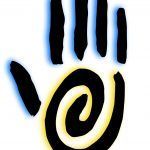 Stylized black hand with yellow spiral palm on a white background