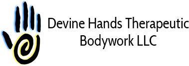 Logo for Devine Hands Therapeutic Bodywork LLC with a black and gold hand icon.