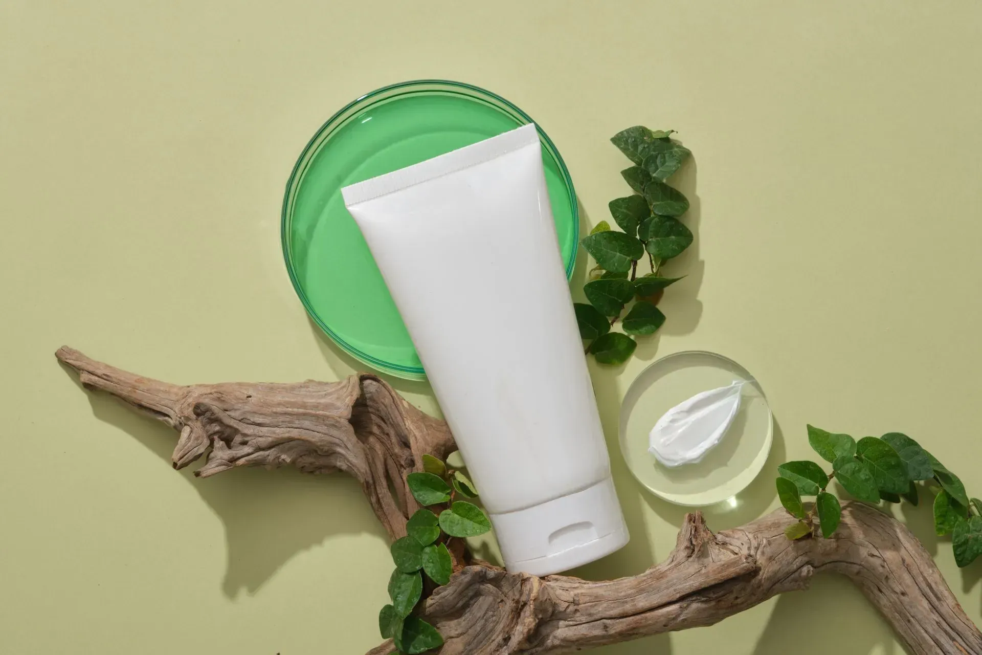 Natural skincare products on driftwood with green leaves and a pale green dish