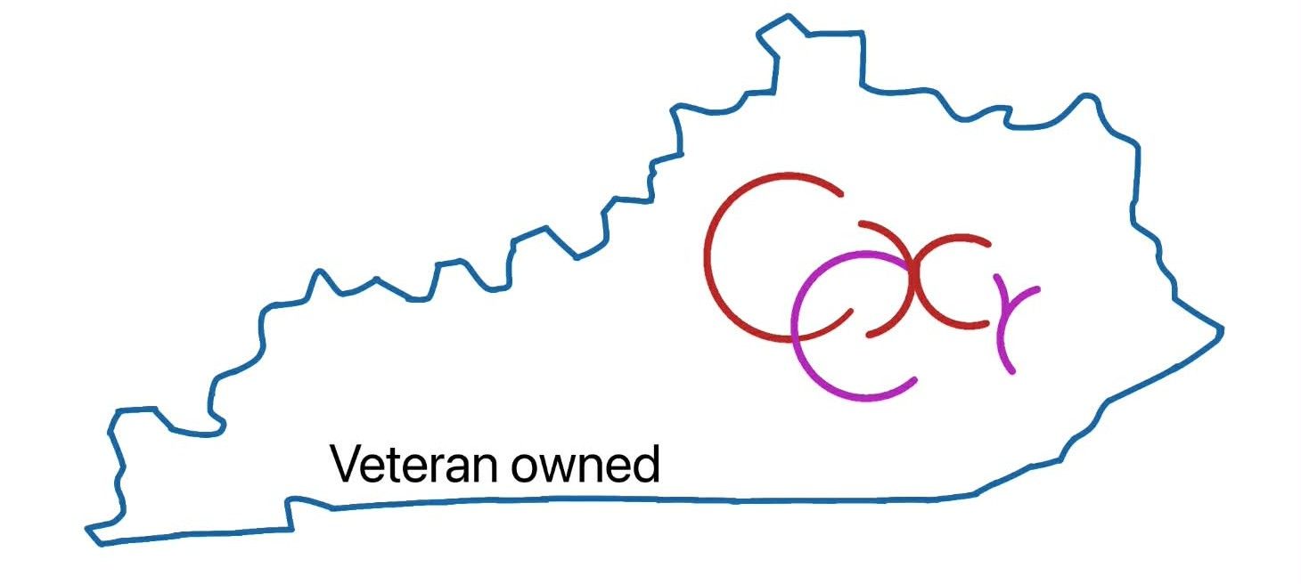 Outline of Kentucky with “Veteran owned” text and pink-purple cgr logo