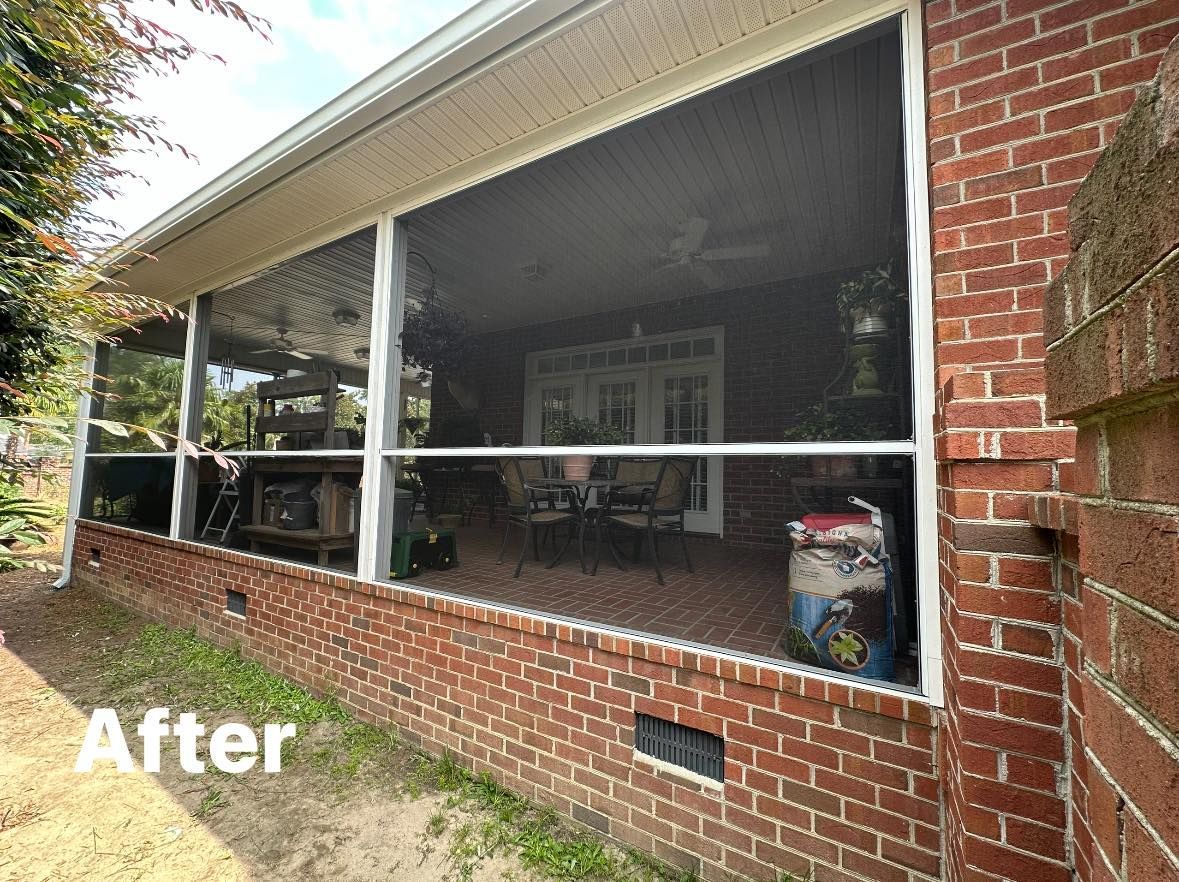 Brick house porch with screened enclosure and white railing, labeled “After”