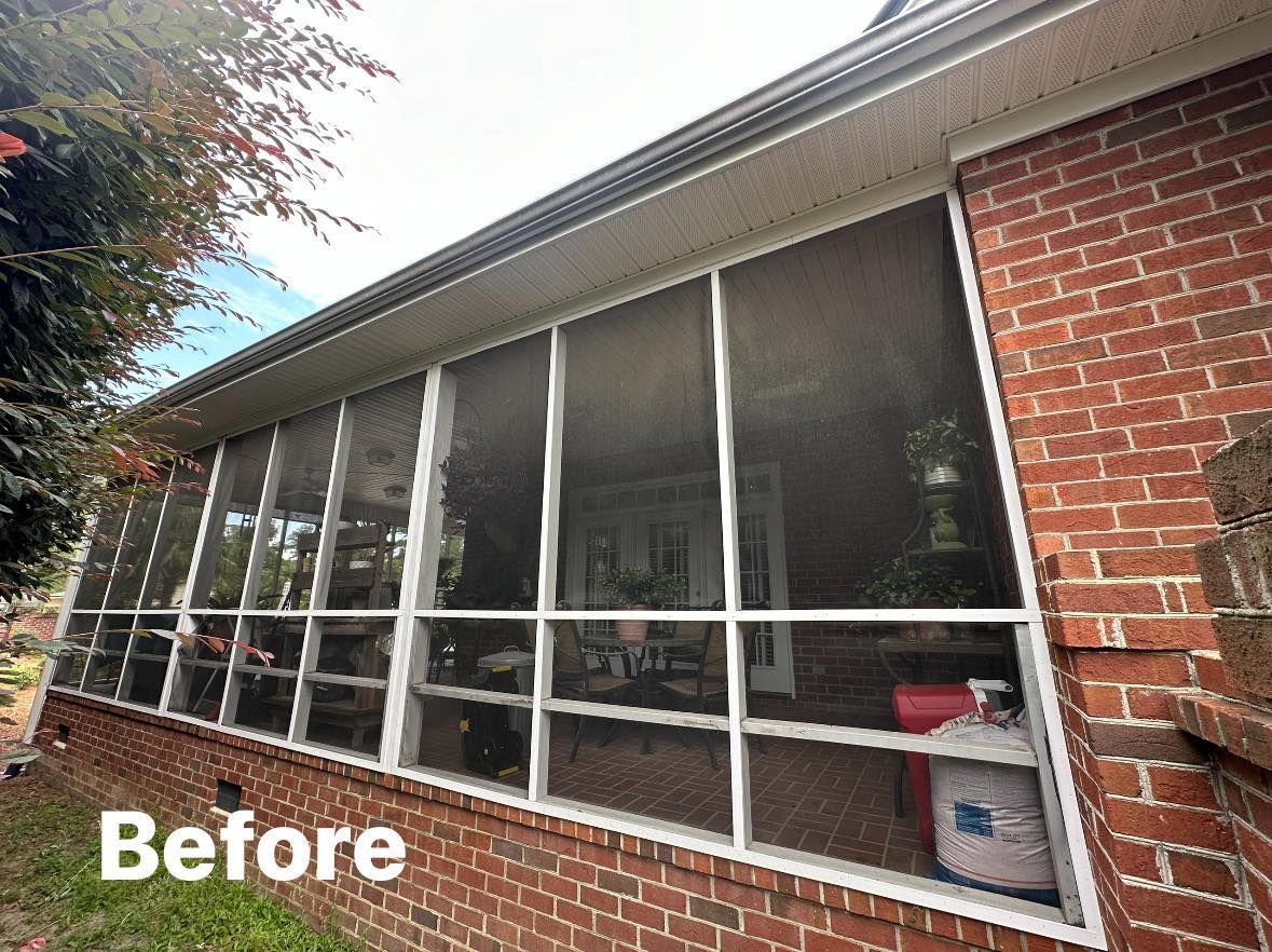 Screened-in brick porch with white-framed windows, labeled “Before”