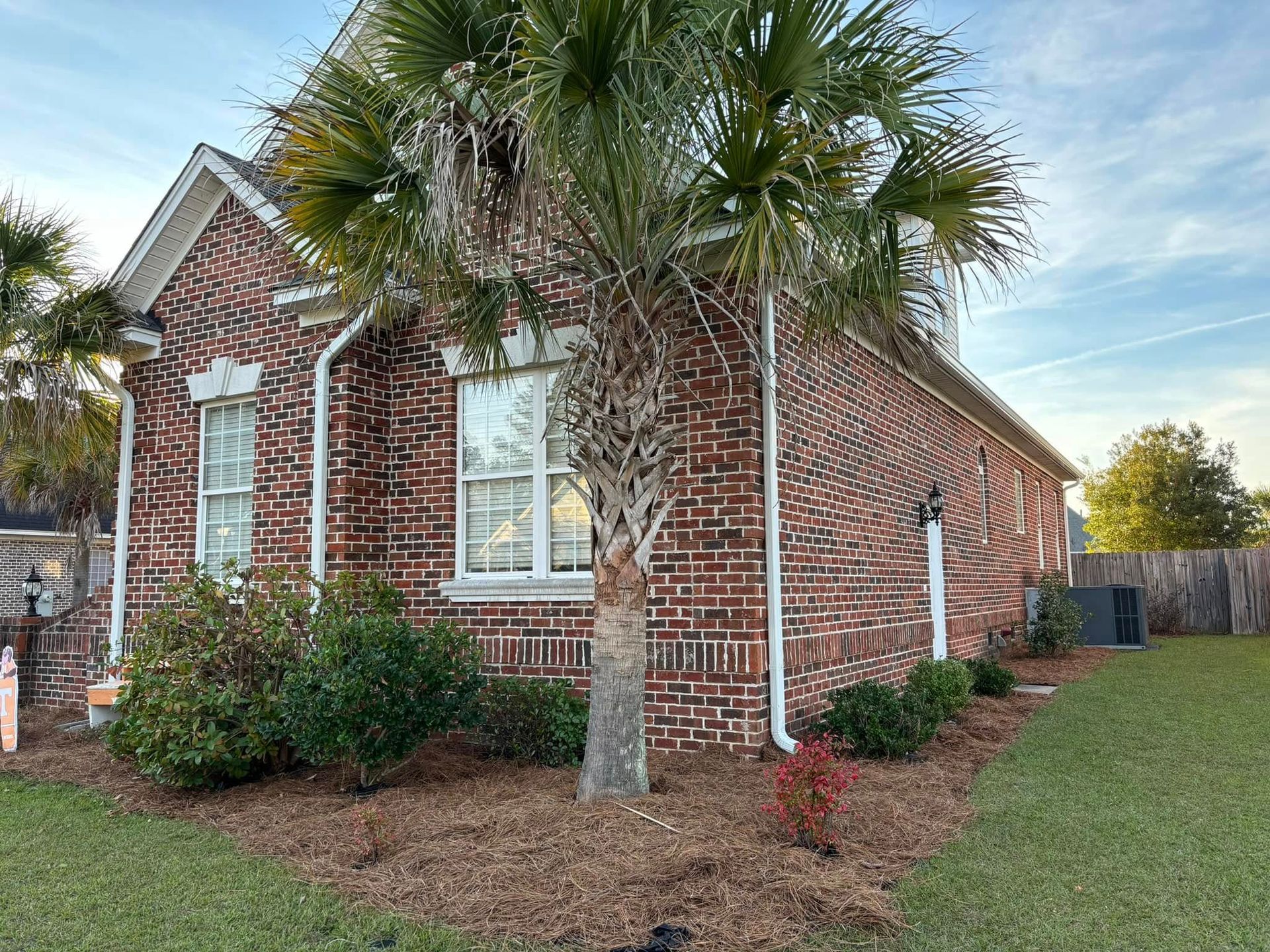 Brick house with white trim and palm trees in a yard at sunset