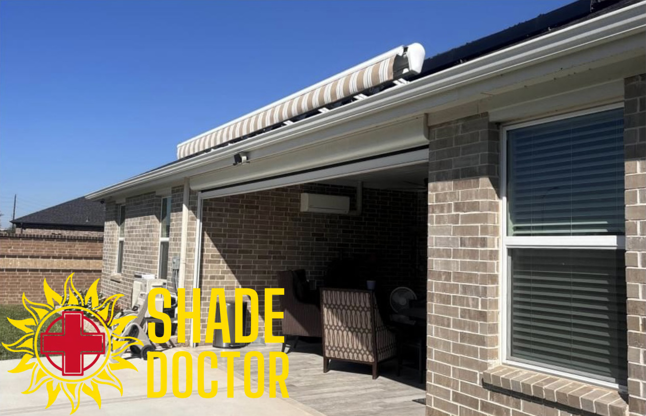 House exterior with brick walls, window blinds, patio cover, and Shade Doctor logo overlay