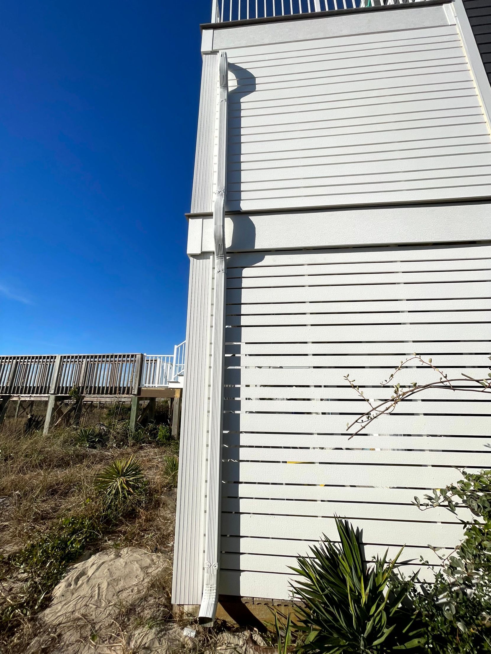 White-sided building corner with lattice fence, blue sky, and a small plant in front