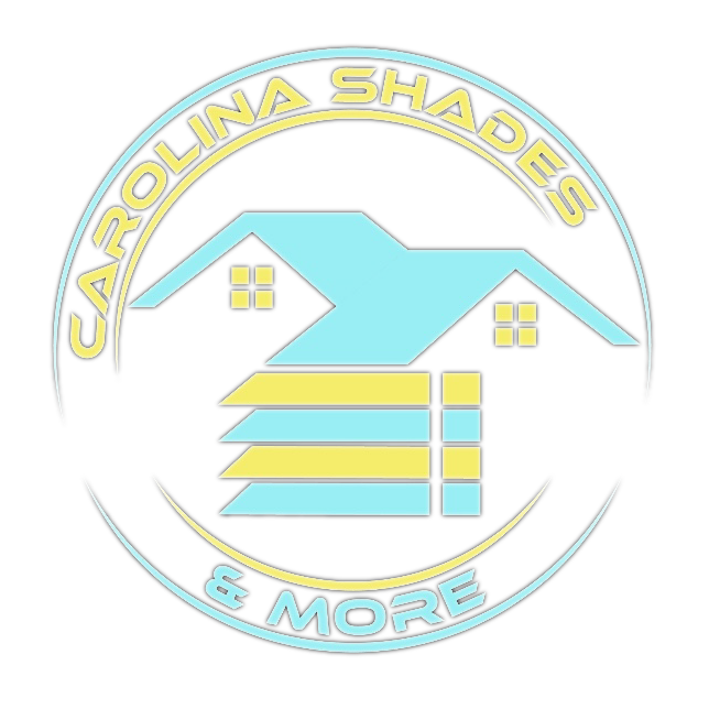 Carolina Shades & More logo with a light blue house and yellow window shades
