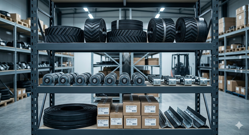 Scaffalature in un magazzino industriale ben illuminato, contenenti rotoli di cingoli in gomma, piccoli componenti per macchinari e merci imballate.