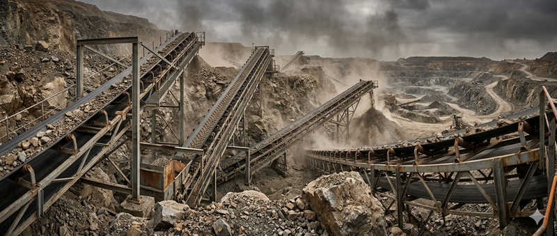 Una cava con nastri trasportatori industriali che movimentano rocce sotto un cielo polveroso e nuvoloso.