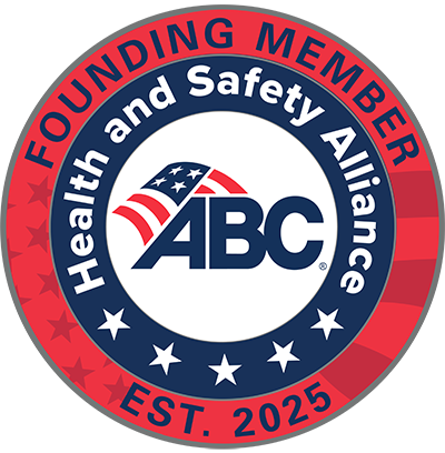 Badge: Founding Member, Health and Safety Alliance; red, white, and blue; stars; ABC logo, est. 2025.