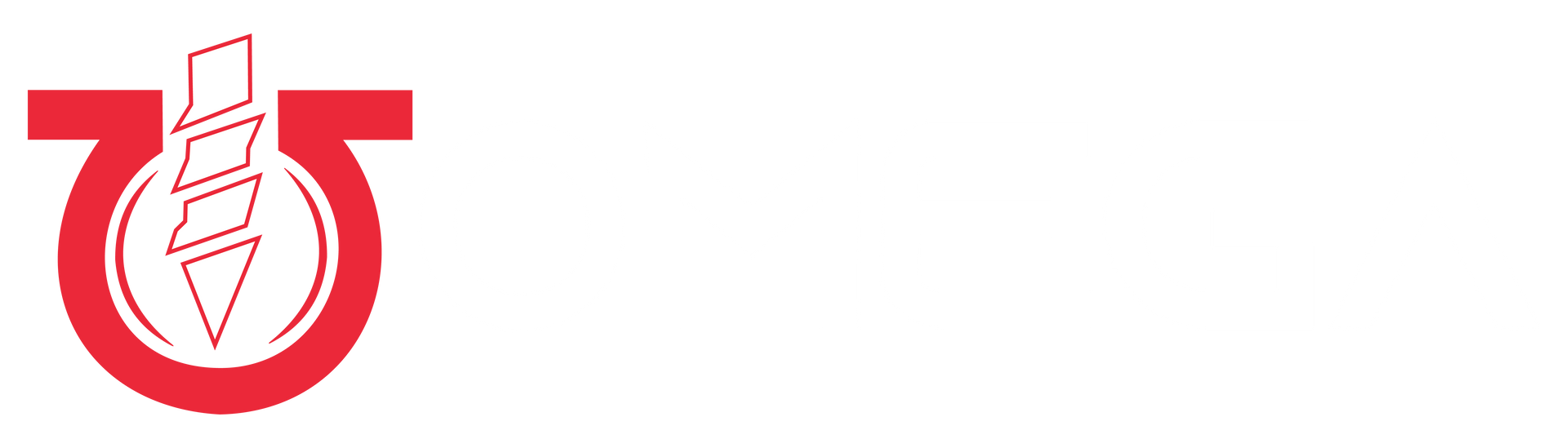 a red and white logo with a drill in the middle on a white background .