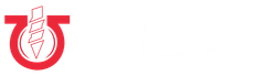 a red and white logo with a drill in the middle on a white background .