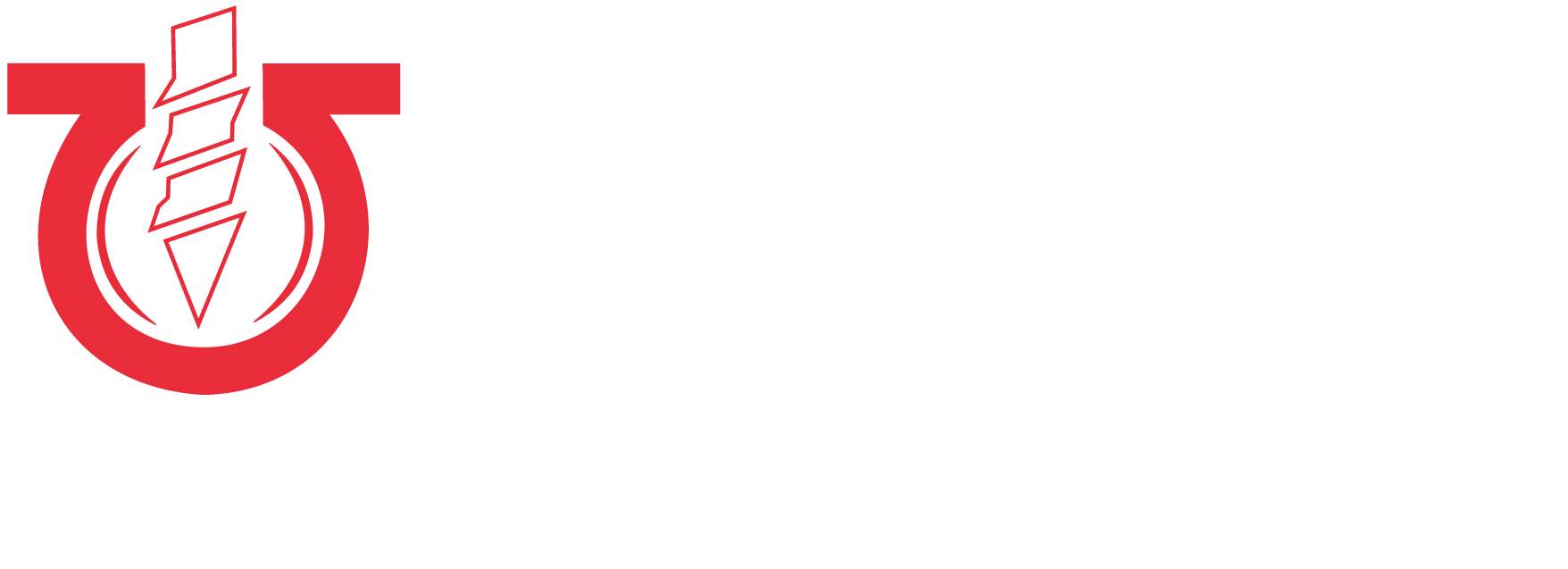 a red and white logo with a drill in the middle on a white background .