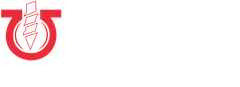 a red and white logo with a drill in the middle on a white background .