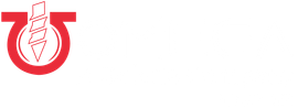 A red and white logo with a drill in the middle on a white background.